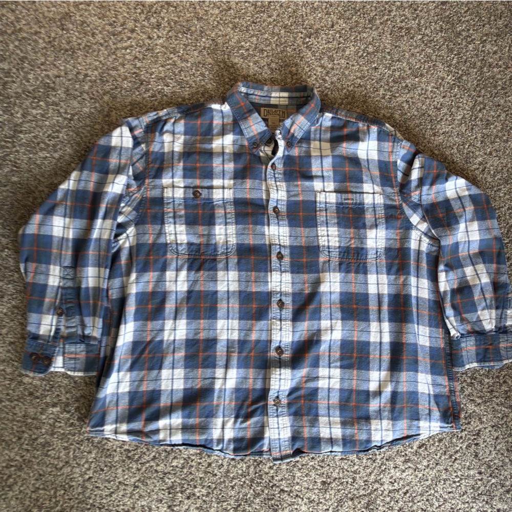 Duluth Trading Co Blue, White & Orange Plaid Button-Down Shirt 3XL
